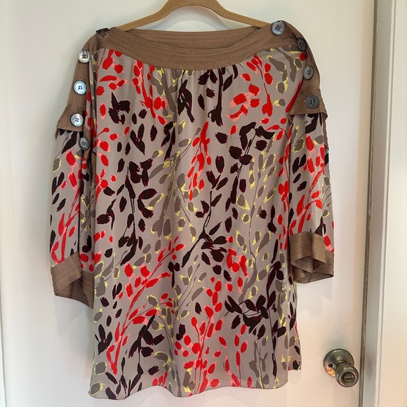 Missoni Tops - Missoni Taupe Silk Blouse with Red, Brown and Gold Leaf Print